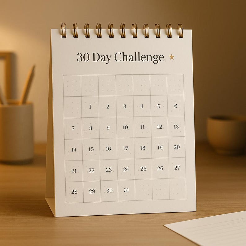 May include: A cream-coloured desk calendar with a spiral binding. The calendar is labelled "30 Day Challenge" and features a grid for tracking daily progress, with numbers 1-31. The calendar is standing on a wooden surface.