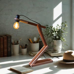 Handcrafted Wooden Desk Lamp, Adjustable Arm, Modern Industrial Lighting