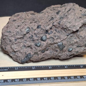 May include: A rough, reddish-brown rock with dark green inclusions. The rock is approximately 5 inches long. A ruler with inch measurements is placed next to the rock for scale. The rock has a textured surface.