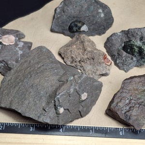 May include: A collection of various rocks and minerals, showcasing a range of colors and textures. The rocks are primarily gray and brown, with embedded minerals in shades of green, orange, and white. A ruler is placed near the rocks.