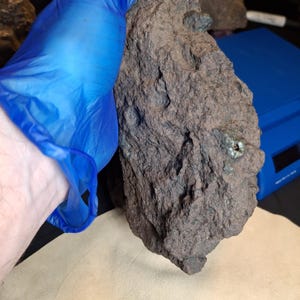 May include: A rough, dark brown rock with a textured surface. The rock has small, irregular holes and a few spots of green mineral deposits. The rock is held by a person wearing a blue glove.