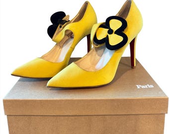 Christian Louboutin 20th Anniversary Yellow Silk And Suede Pensee 100 Mary Jane Pumps