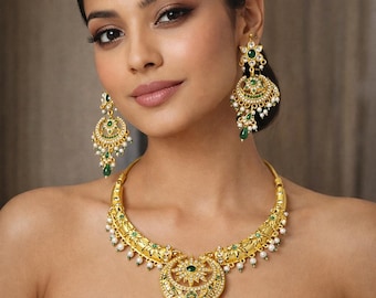 Traditional Rajputi Kundan Necklace Set with Earrings – Indian Bridal Jewelry – Rajasthani Wedding Jewellry