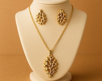 Gold Leaf Jewelry Set • Nature Inspired Necklace and Stud Earrings
