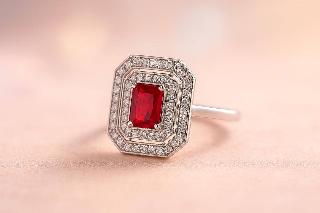 Art Deco Ruby Red Ring: Emerald Cut Silver Diamond Halo - Etsy Australia