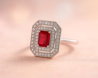 Art Deco Ruby Red Ring: Emerald Cut Silver Diamond Halo