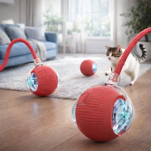 Puede incluir: Bolas rojas de juguete para gatos con secciones transparentes y brillantes y un cable rojo. Los juguetes están sobre un suelo de madera, con un gato al fondo. El gato está jugando con los juguetes. Los juguetes tienen una textura acanalada.