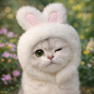 Può includere: Un gatto con un cappello da coniglietto bianco e soffice con orecchie interne rosa. Il gatto ha gli occhi verdi e sta strizzando l'occhio. La pelliccia del gatto è grigio chiaro e bianca. Lo sfondo è sfocato con sfumature verdi e rosa.
