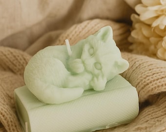 Handmade Cat and Book Candle, Cozy Home Decor (Soy-Paraffin, or Soy-Beeswax blend)