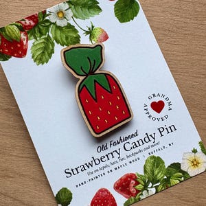 Vintage Strawberry Candy Pin - Grandma Old Fashioned Wrapped Candy - Wood Strawberry Candies Retro Nostalgic Sweet Hard Candy - Candy pin