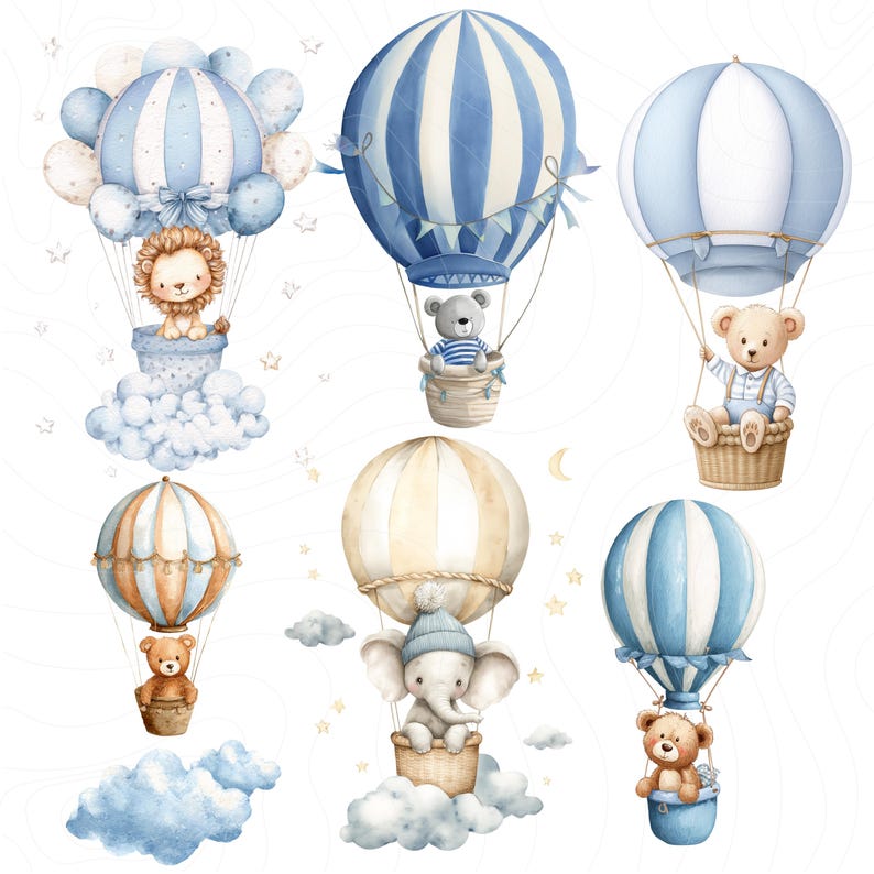 Blue Hot Air Balloon Clipart PNG, Watercolor Nursery Decor, Baby Shower ...