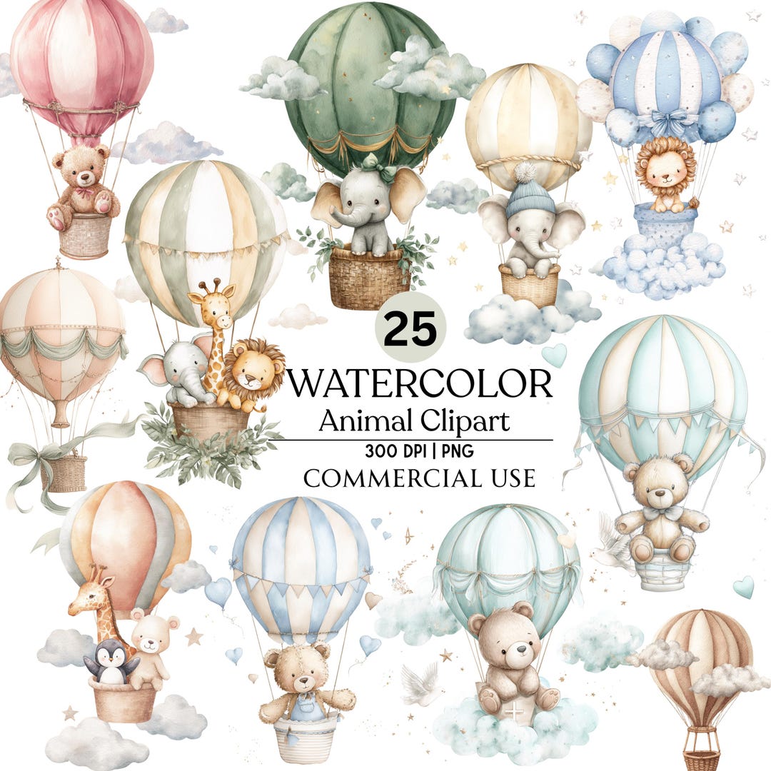 Blue Hot Air Balloon Clipart PNG, Watercolor Nursery Decor, Baby Shower ...