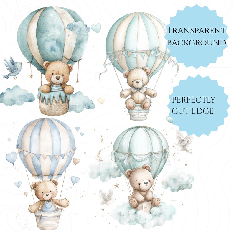 Blue Hot Air Balloon Clipart PNG, Watercolor Nursery Decor, Baby Shower ...