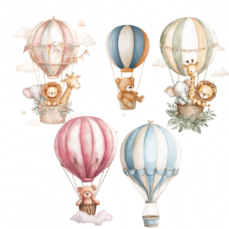 Blue Hot Air Balloon Clipart PNG, Watercolor Nursery Decor, Baby Shower ...