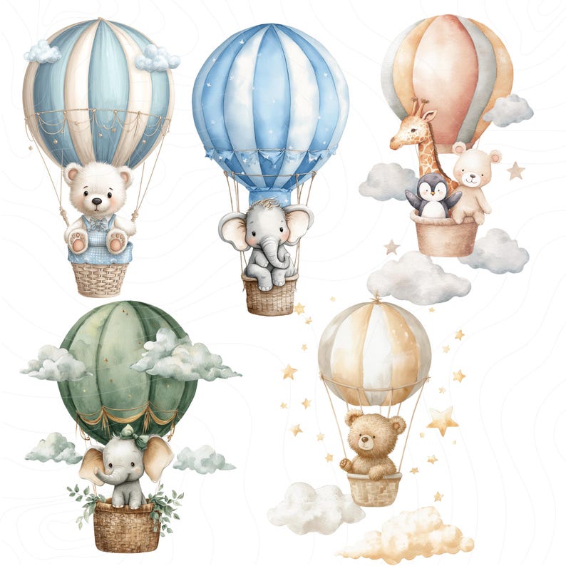 Blue Hot Air Balloon Clipart PNG, Watercolor Nursery Decor, Baby Shower ...