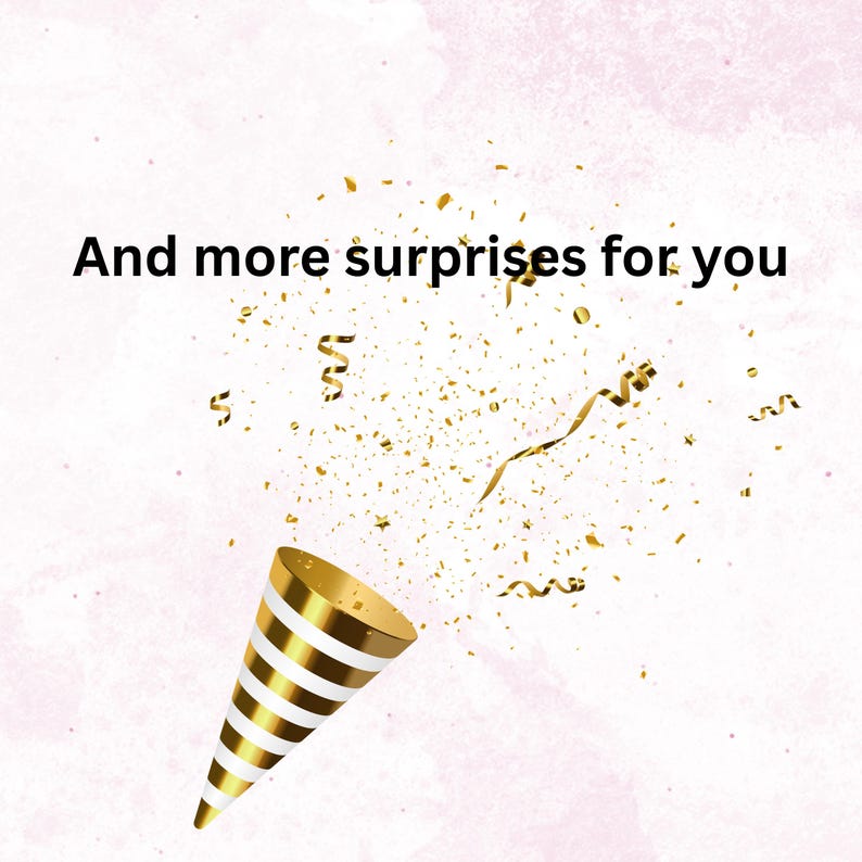 Op de afbeelding: Een feestelijke afbeelding met een feestknaler die gouden confetti en slingers loslaat tegen een zachte roze achtergrond. De tekst "And more surprises for you" is in het zwart weergegeven.