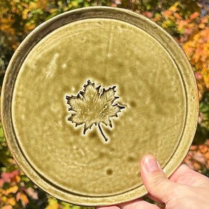 May include: A round ceramic plate with a glossy olive green glaze and a raised maple leaf impression centered on the surface. The plate features a smooth, slightly mottled texture and a defined circular rim around the outer edge.