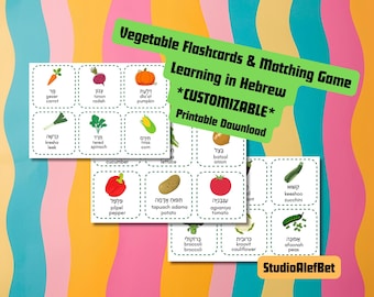 May include: Printable vegetable flashcards and matching game in Hebrew. The flashcards feature colorful illustrations of various vegetables with their Hebrew names. The text "Vegetable Flashcards & Matching Game Learning in Hebrew *CUSTOMIZABLE* Printable Download" is displayed.