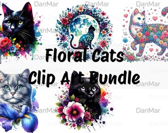 Floral Cat Clipart Bundle: Watercolor Style, DIY Crafts (Digital Download