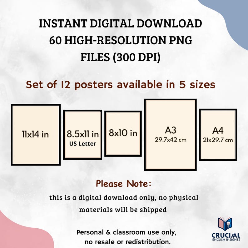 May include: Digital download graphic with text: "INSTANT DIGITAL DOWNLOAD 60 HIGH-RESOLUTION PNG FILES (300 DPI)". Includes poster sizes: 11x14 in, 8.5x11 in, 8x10 in, A3 (29.7x42 cm), and A4 (21x29.7 cm). The text also states "Set of 12 posters available in 5 sizes."