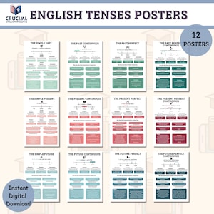 May include: A set of 12 English tenses posters with examples and explanations. The posters are in various colors, including blue, green, and pink. The text "English Tenses Posters" is at the top. The words "Instant Digital Download" are at the bottom.