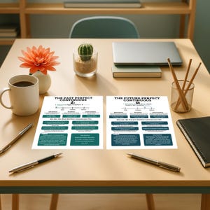 May include: A desk scene with two white papers detailing English grammar rules: "The Past Perfect Continuous" and "The Future Perfect Continuous." The desk also features a coffee mug, pens, a laptop, a succulent, and a decorative flower.