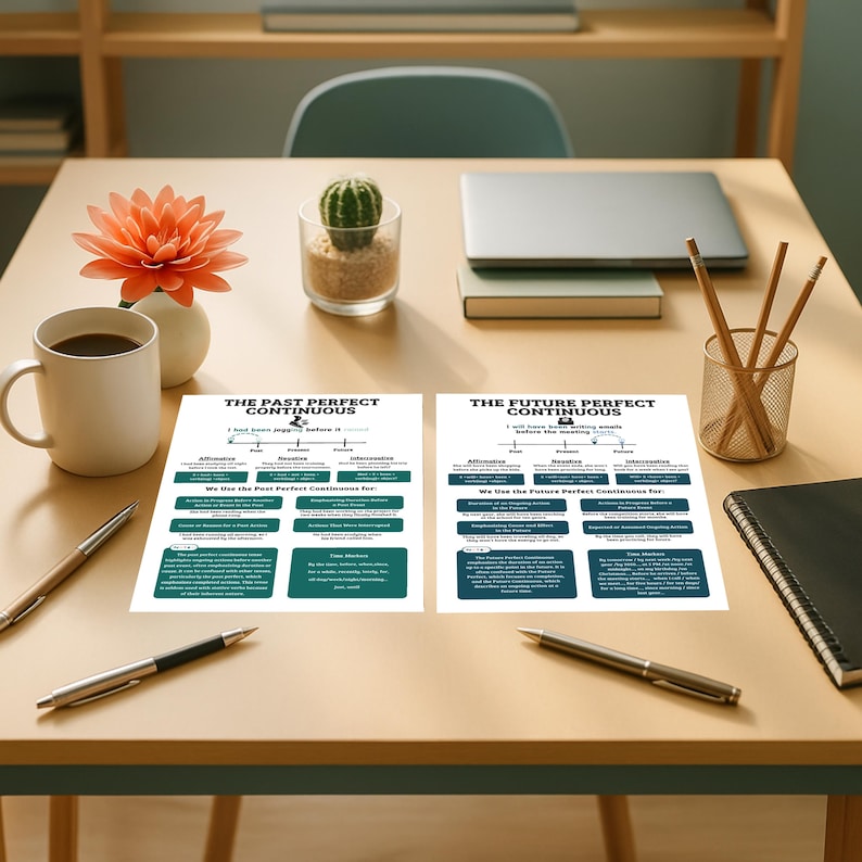 May include: A desk scene with two white papers detailing English grammar rules: "The Past Perfect Continuous" and "The Future Perfect Continuous." The desk also features a coffee mug, pens, a laptop, a succulent, and a decorative flower.