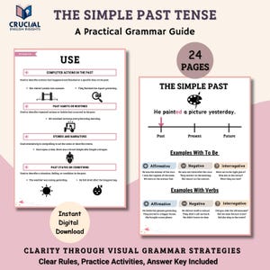 May include: A practical grammar guide titled "The Simple Past Tense" with examples and explanations. The guide includes sections on use, past habits, stories, and states. The cover features the text "24 Pages" and "Instant Digital Download."