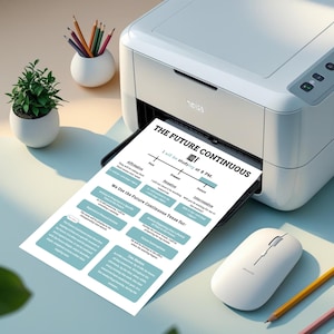 May include: A white printer printing a sheet with the title "THE FUTURE CONTINUOUS". The sheet includes text about affirmative, negative, and interrogative forms, and the phrase "I will be studying at 8 PM."