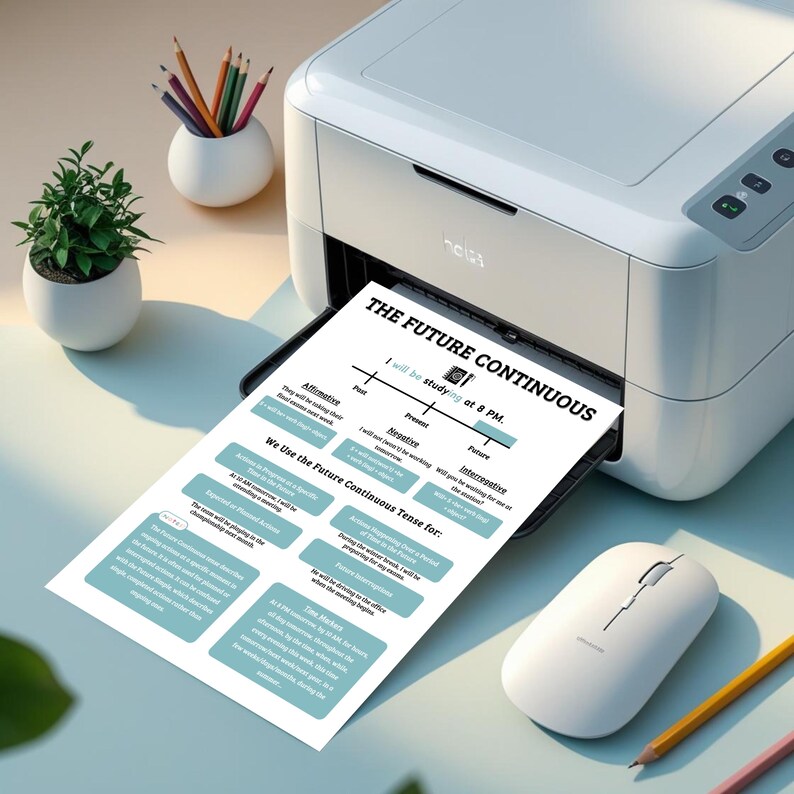 May include: A white printer printing a sheet with the title "THE FUTURE CONTINUOUS". The sheet includes text about affirmative, negative, and interrogative forms, and the phrase "I will be studying at 8 PM."