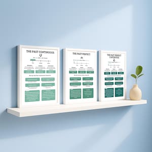 May include: Three framed educational posters on a white shelf against a blue wall. The posters, in white frames, display grammar lessons on the past continuous, past perfect, and past perfect continuous tenses. A small vase with a green plant sits on the shelf.