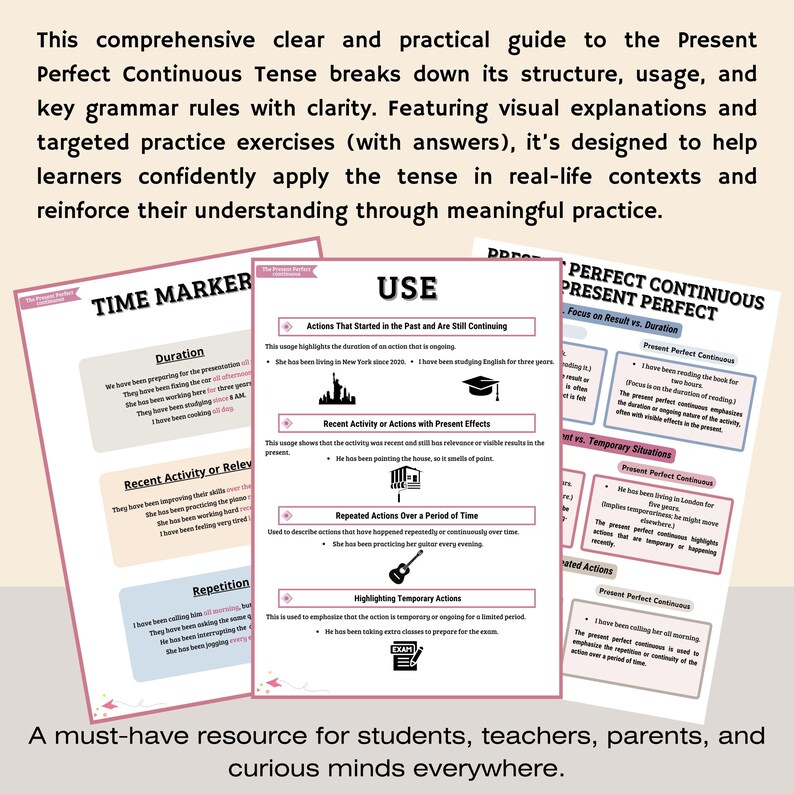Present Perfect Continuous Tense Worksheets | English Grammar ESL ...