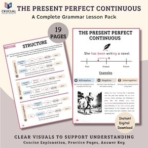 Könnte beinhalten: Ein Grammatik-Lernpaket mit dem Titel "The Present Perfect Continuous" mit 19 Seiten. Das Bild zeigt Beispiele für bejahende, verneinende und interrogative Sätze sowie ein Diagramm und Text zur Erklärung der Zeitform.