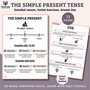 Peut inclure: Téléchargement numérique éducatif sur le présent simple. L'infographie comprend des exemples avec "to be" et des verbes, et couvre les actions régulières, les vérités générales, les sentiments et les événements programmés. Titre : "Le présent simple".
