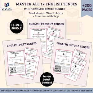 May include: A bundle of English grammar worksheets and visual charts. The image features the text "MASTER ALL 12 ENGLISH TENSES" and "12-IN-1 ENGLISH TENSES BUNDLE". The worksheets cover present, past, and future tenses, with exercises and keys. The bundle includes over 200 pages.