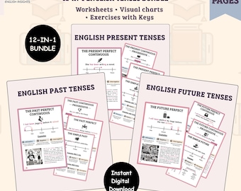English Tenses Bundle | 12 Tenses Worksheets, Posters & ESL Grammar Activities | Printable Classroom Resource PDF