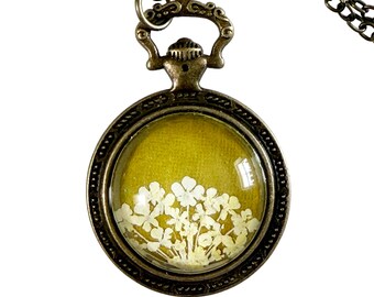 Handmade Pressed Flower Necklace - Queen Annes Lace, Chartreuse and Antique Brass