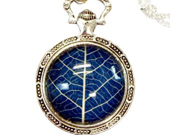Handmade Real Pressed Leaf Necklace: Vintage Inspired, Royal Blue, Silver