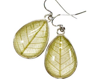Handmade Real Pressed Leaf Earrings: Teardrop, Silver and Green