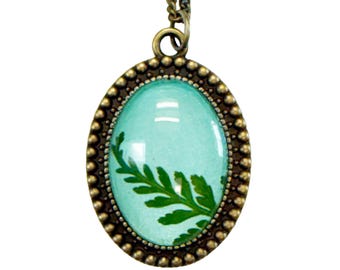 Handmade Real Pressed Fern Necklace: Oval, Antique Brass, Teal and Green