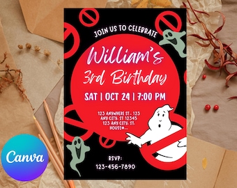 May include: A black and red Halloween-themed invitation with the text "William's 3rd Birthday" and event details. Features ghost illustrations and a "no ghost" symbol. Includes RSVP information.