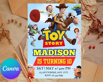 Toy Story-verjaardagsuitnodiging, bewerkbare Toy Story-uitnodiging, gepersonaliseerde Woody Buzz Jessie verjaardagsdownload, Two Infinity and Beyond