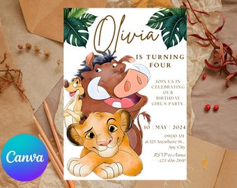 Watercolor Lion King Birthday Invitation, Simba Invitation, King Lion Invitation, Canva Template