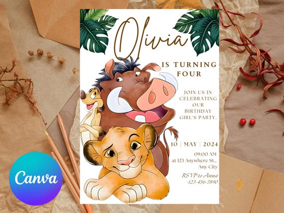 Watercolor Lion King Birthday Invitation, Simba Invitation, King Lion Invitation, Canva Template