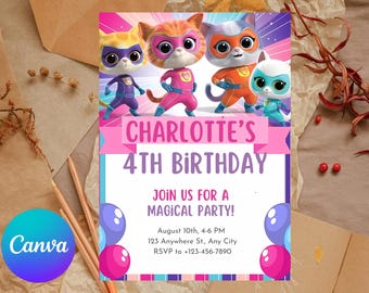 Printable Editable Super Kitty Invite, SuperKitty Birthday, SuperKitties Party invite template, Kitten Invitation Cute Invite