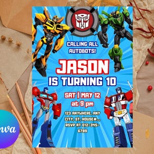 Può includere: Un invito di compleanno blu con personaggi di Transformers. L'invito recita "Chiamando tutti gli Autobot! Jason compie 10 anni" con i dettagli dell'evento. Il design include illustrazioni dei personaggi di Transformers.