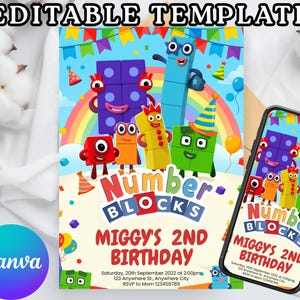 以下が含まれることがあります： Numberblocksのキャラクター、虹、パーティーの装飾が描かれた編集可能なデジタル誕生日招待状テンプレート。テキストには「Numberblocks, Miggy's 2nd Birthday, Saturday, 20th September 2022 at 2:00pm, 123 Anywhere St., Anywhere City, RSVP to Mom 123456789」と記載されています。