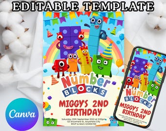 Number Blocks Birthday Invitation, Editable Kids Party Invite (Digital Download)