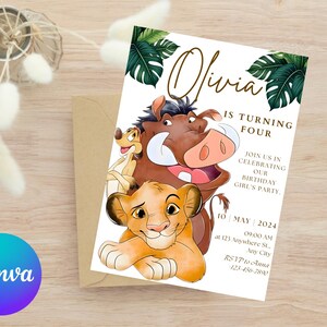 May include: A birthday invitation featuring illustrations of Simba, Timon, and Pumbaa from The Lion King. The invitation is for Olivia's fourth birthday, with details including the date, time, and location. The design includes green leaf accents and a brown envelope.