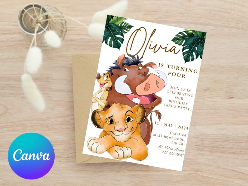 May include: A birthday invitation featuring illustrations of Simba, Timon, and Pumbaa from The Lion King. The invitation is for Olivia's fourth birthday, with details including the date, time, and location. The design includes green leaf accents and a brown envelope.